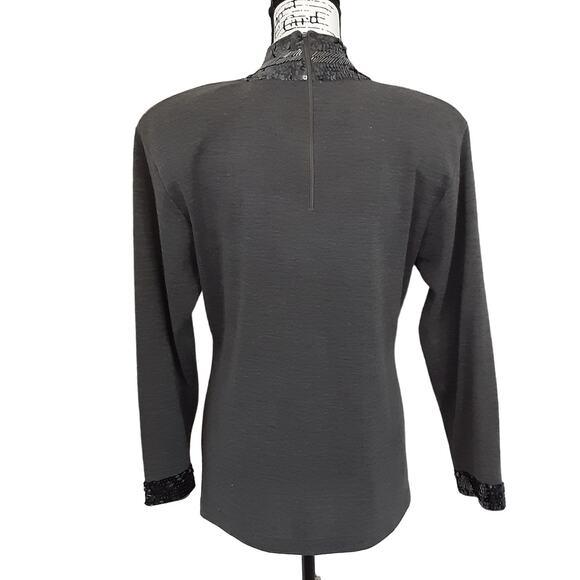 Vintage 90s Sequin Mock Neck Sweater Beaded Gray Long Sleeve Womens M Dynasty - Picture 3 of 11